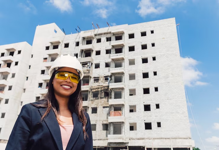 imgi 39 happy african american lady safety helmet eyeglasses near building construction 23 2148039962